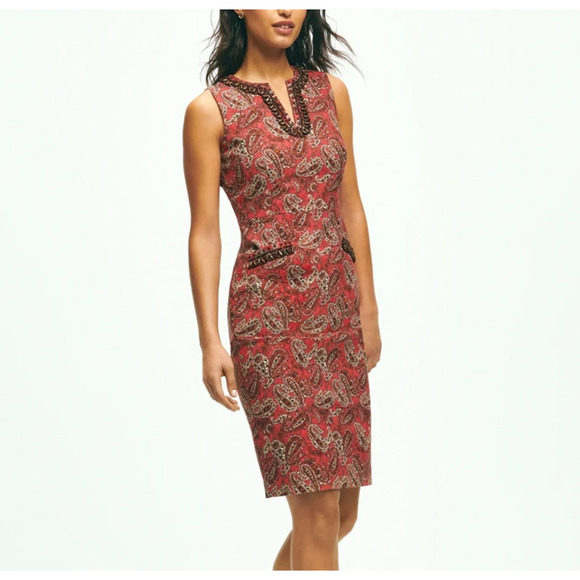 Brooks Brothers Beaded Paisley Sheath Dress Size 2 Red Split Neck Lined Career - Picture 1 of 11